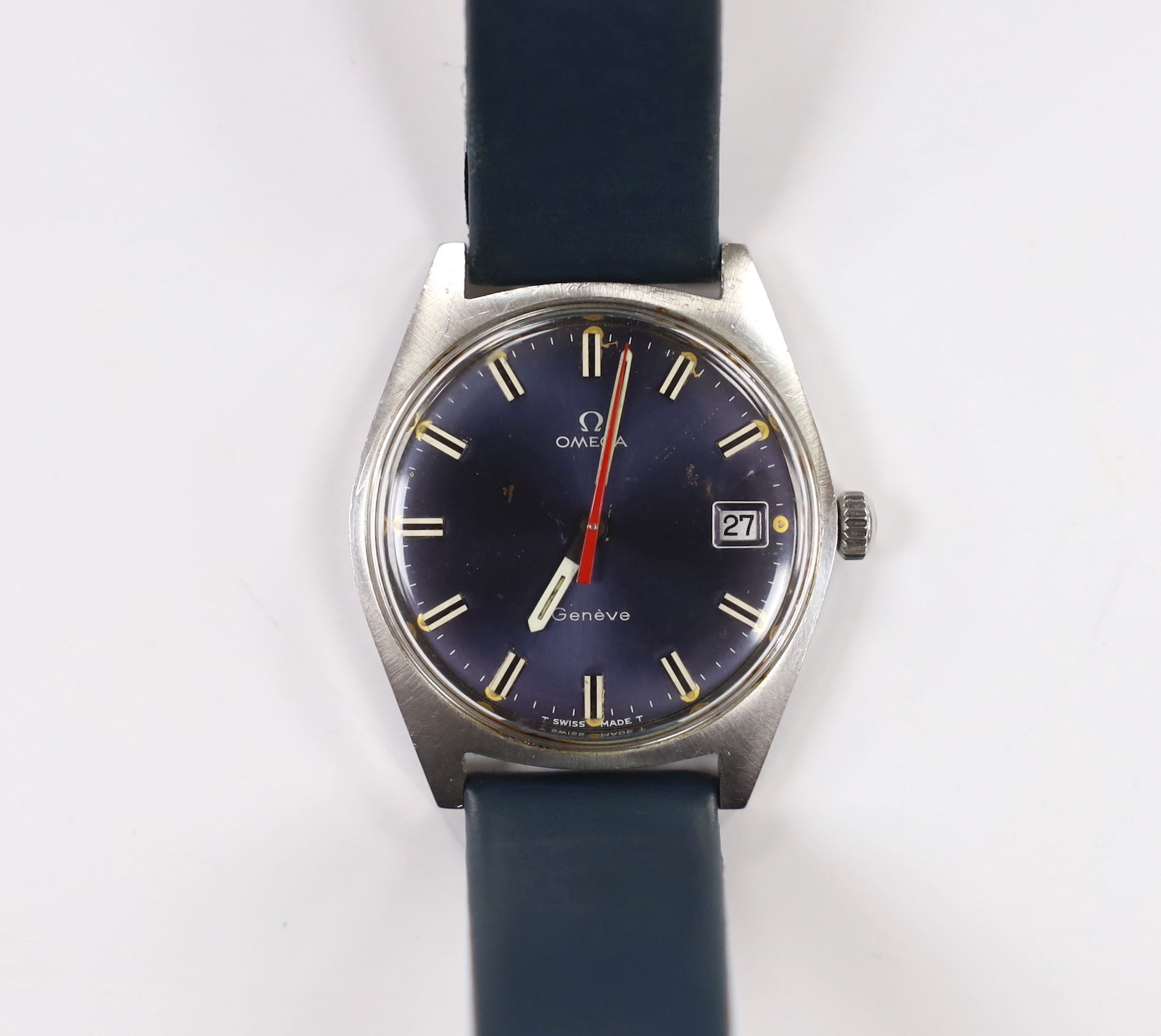 A gentleman's late 1960's stainless steel Omega manual wind wrist watch, with blue dial and red sweep seconds hand, movement c.618, on an associated strap.